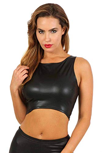 MISS NOIR Damen Kurzes Oberteil im Wetlook Rundhalsausschnitt Reißverschluss hinten Top Cropshirt Clubwear, Schwarz (9410-BK), M von MISS NOIR