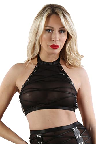 MISS NOIR Damen Kurzes Oberteil im Wetlook V-Ausschnitt Neckholder Sexy Top Cropshirt Clubwear (XXL-3XL, Schwarz (20328-BK)) von MISS NOIR