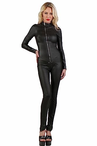 MISS NOIR Damen Overall im Wetlook S-3XL Sexy Jumpsuit Catsuit mit Reißverschlüsse Party Clubwear, Schwarz (20750-BK), L von MISS NOIR