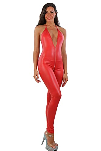 MISS NOIR Damen Overall im Wetlook S-3XL mit 4-Wege-Reißverschluss Rückenfreier Sexy Jumpsuit Catsuit Exklusives Clubwear (Rot (18235-RD), XL) von MISS NOIR