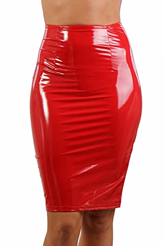 MISS NOIR Damen Röcke Wetlook Vinyl Bodycon Clubwear Knielänge Party Lack Rock (Rot (194661-RD), 3XL) von MISS NOIR