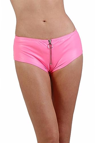 MISS NOIR Damen Wetlook Kurze Hose Hotpants Sexy Mini-Shorts mit niedriger Taille Frontreißverschluss Clubwear Party, Rosa (20853-FS), L-XL von MISS NOIR