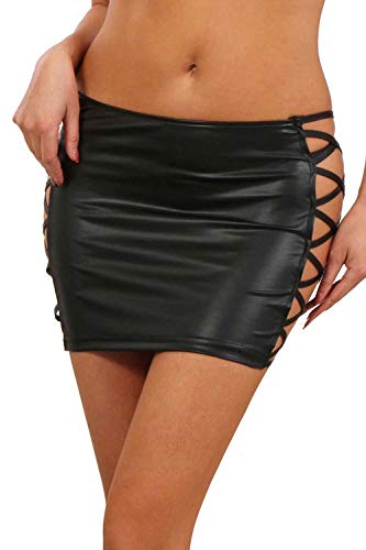 MISS NOIR Damen Wetlook Sexy Minirock (S-3XL) Kurze Party Rock Clubwear Röcke, Schwarz (196471-BK), 3XL von MISS NOIR