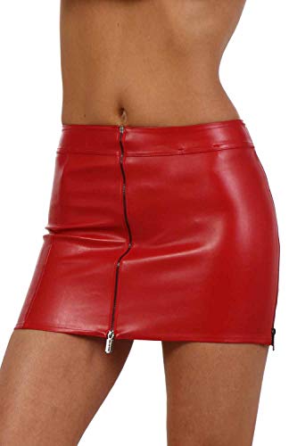 MISS NOIR Damen Wetlook Sexy Minirock (S-3XL) Lederlook Kurze Party Rock mit Reißverschluss Clubwear Röcke, Rot (2085-RD), 3XL von MISS NOIR