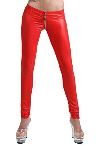 MISS NOIR Wetlook Sexy Leggings mit 4-Wege-Reißverschluss Damen Clubwear (Rot, XXL/3XL) von MISS NOIR