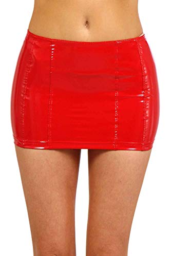 MISS NOIR Wetlook Sexy Minirock (S-3XL) Vinyl PVC Damen Kurze Rock mit Reißverschluss Party Clubwear Röcke, Rot (9481-RD), L von MISS NOIR