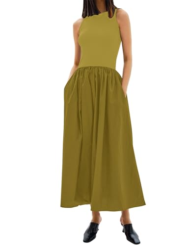 MISSACTIVER Ärmelloses Maxikleid mit Rundhalsausschnitt, für Damen, Sommer, fließendes Patchwork-Tanktop, lange Kleider mit Taschen, Grün , Klein von MISSACTIVER