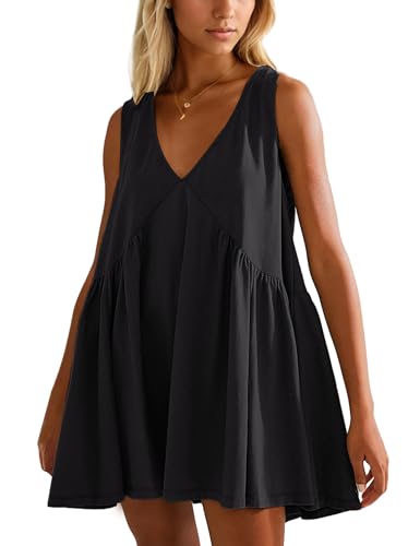 MISSACTIVER Ärmelloses Tunika-Minikleid für Damen, lässig, locker, V-Ausschnitt, fließender Plisseesaum, Strandkleid mit Taschen, Schwarz, Klein von MISSACTIVER