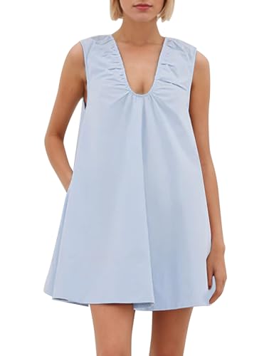 MISSACTIVER Damen Ärmelloses Babydoll Tank Minikleid U-Ausschnitt Gerafft Kurzes Kleid mit Seitentaschen Sommer Partykleider, Blau, Mittel von MISSACTIVER