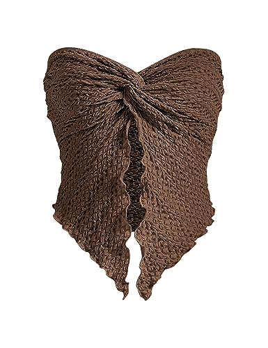 MISSACTIVER Damen Bandeau-Top mit gedrehtem Knoten vorne, sexy, trägerlos, ärmellos, geteilter Saum, Salatbesatz, bauchfreies Top, Helles Braun, Medium MISSACTIVER Damen Bandeau-Top mit gedrehtem Knoten vorne, sexy, trägerlos, ärmellos, geteilter Saum, Salatbesatz, bauchfreies Top, Helles Braun, Medium von MISSACTIVER