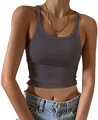 MISSACTIVER Damen Basic Rib Knit Crop Tank Top Casual Solid U-Ausschnitt Ärmellos Crop Top Camisole, dunkelgrau, Klein von MISSACTIVER