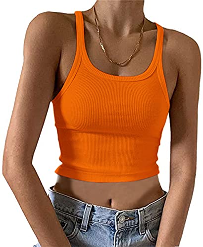 MISSACTIVER Damen Basic Rippstrick Crop Tank Top Casual Solid U-Ausschnitt Ärmellos Crop Top Camisole, Orange#1, Mittel von MISSACTIVER