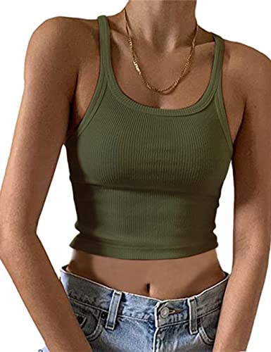 MISSACTIVER Damen Basic Rippstrick Crop Tank Top Casual Solid U-Ausschnitt Ärmellos Crop Top Camisole, armee-grün, X-Klein von MISSACTIVER