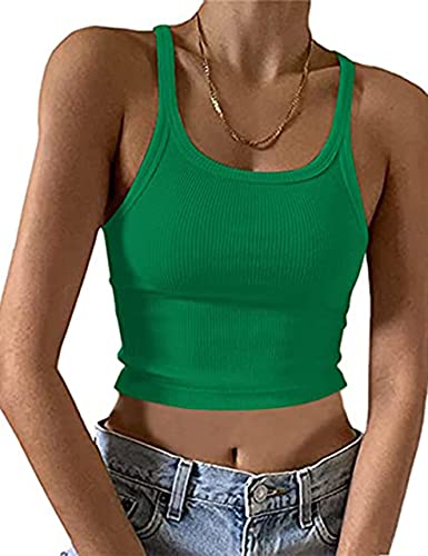 MISSACTIVER Damen Basic Rippstrick Crop Tank Top Casual Solid U-Neck Sleeveless Crop Top Camisole, Grün , Mittel von MISSACTIVER