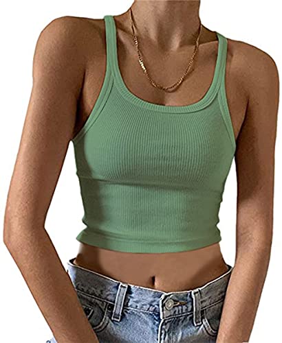 MISSACTIVER Damen Basic Rippstrick Crop Tank Top Casual Solid U-Neck Sleeveless Crop Top Camisole, Pea Green, Klein von MISSACTIVER