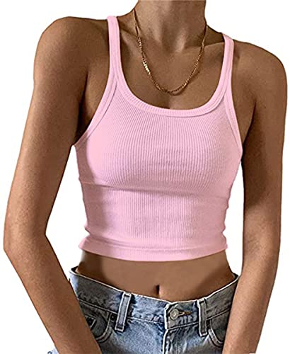 MISSACTIVER Damen Basic Rippstrick Crop Tank Top Casual Solid U-Neck Sleeveless Crop Top Camisole, rose, Klein von MISSACTIVER