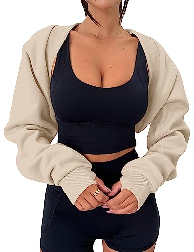 MISSACTIVER Damen-Bolero, langärmelig, mit Daumenloch, vorne offen, Fleece, lockere Passform, Cropped-Schal, Sweatshirt, Workout, aprikose, Klein von MISSACTIVER