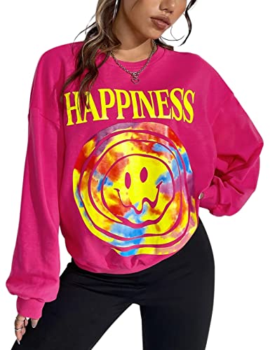 MISSACTIVER Damen Brief Grafikdruck Sweatshirt Lose Langarm Rundhals Drop Schulter Fleece Casual Pullover, Knallpink (Hot Pink), M von MISSACTIVER
