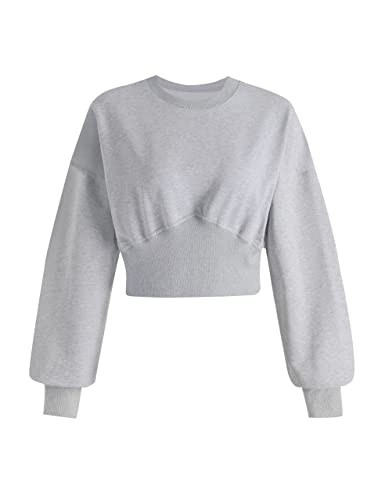 MISSACTIVER Damen Casual Crewneck Crop Sweatshirt Solid Langarm Drop Shoulder Pullover Gerippter Korsett Saum Crop Pullover Top, GRAU, M von MISSACTIVER