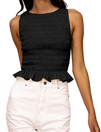 MISSACTIVER Damen Casual Frill Smocked Rüschen Saum Crop Tank Top Gerafft Rundhals Ärmellos Slim Fit Solid Crop Vest Tops, Schwarz, Groß von MISSACTIVER