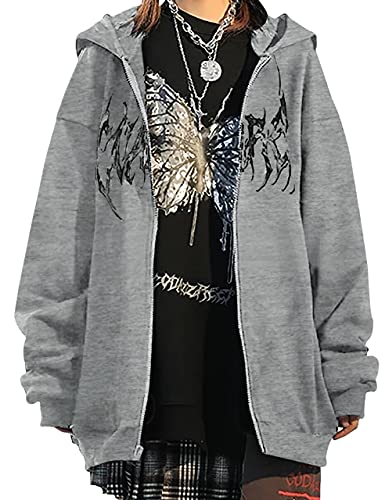 MISSACTIVER Damen Casual Graphic Printed Hoodies Oversized Zip Up 90s E-Girl Streetwear Grunge Jacke, GRAU, M von MISSACTIVER