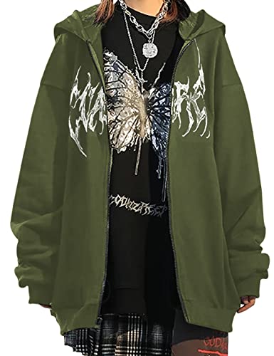 MISSACTIVER Damen Casual Graphic Printed Hoodies Oversized Zip Up 90s E-Girl Streetwear Grunge Jacke, Grün (Army Green), S von MISSACTIVER