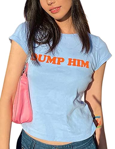 MISSACTIVER Damen Dump Him Brief Druck Crop T-Shirt Streetwear O-Neck Kurzarm Crop Tops 2000er Jahre Ästhetik, blau, Klein von MISSACTIVER