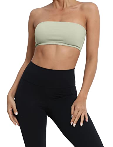 MISSACTIVER Damen Gepolstert Trägerlos Bandeau Sport BH Solide Ärmellos Drahtlose Unterstützung Bralette Crop Tube Top Yoga Fitness, Bean Green, small von MISSACTIVER