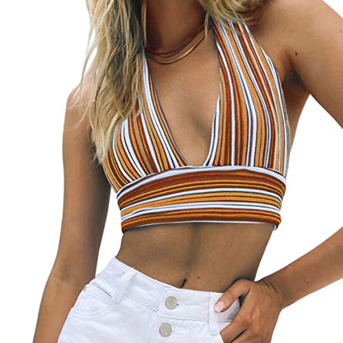 MISSACTIVER Damen Neckholder Rückenfrei Gestrickt Crop Top V Ausschnitt Bandage Streifen Crop Tank Top Weste Top - Braun - Mittel von MISSACTIVER