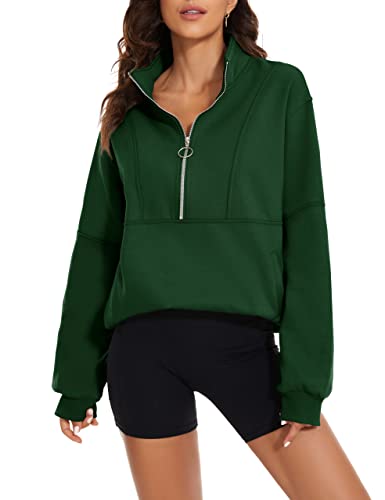 MISSACTIVER Damen Oversized Half Zip Sweatshirt Viertel 1/4 Reißverschluss Langarm Drop Schulter Pocket Pullover Jacke Tops, Grün , L von MISSACTIVER