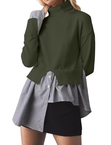 MISSACTIVER Damen Rollkragenpullover mit Schlitz, Patchwork-Pullover, 2-in-1-Knöpfe, Strickpullover, asymmetrischer Saum, Hemd, Oberteil, Grün (Army Green), X-Groß von MISSACTIVER