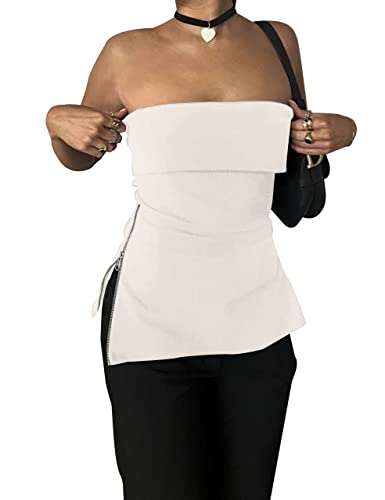 MISSACTIVER Damen Sexy Reißverschluss geteilte Seite trägerlos rückenfreies Schlauchoberteil schulterfrei ärmellos solide schmale Passform Bandeau Tank Tops, Weiss/opulenter Garten, Mittel von MISSACTIVER