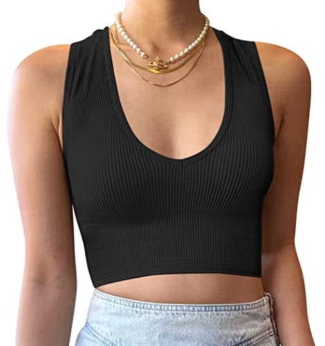 MISSACTIVER Damen Sexy Tiefer V-Ausschnitt Crop Weste Nahtlos Gerippt Ärmellos Solid Fitted Cropped Tank Top Workout Yoga, 1-Schwarz, Klein von MISSACTIVER