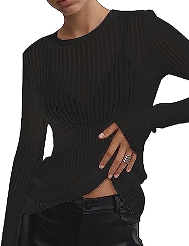 MISSACTIVER Damen Solid Durchsichtig Mesh Strickpullover Rundhals Langarm Sheer Basic Loose Fit Pullover Shirt Tops, Schwarz, Mittel von MISSACTIVER