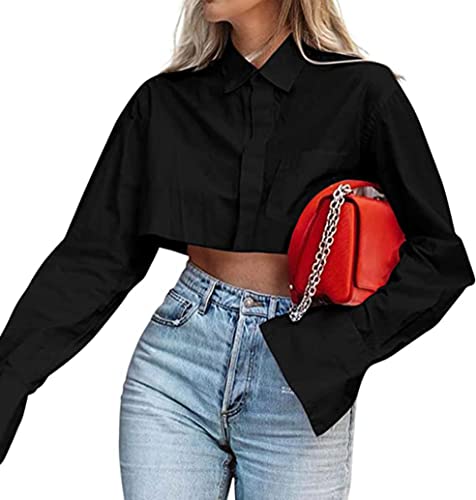 MISSACTIVER Damen Solid Langarm Button Up Crop Shirt Umlegekragen unregelmäßig locker sitzend Mode Cropped Bluse Top, Regular Hem #Black, Mittel von MISSACTIVER