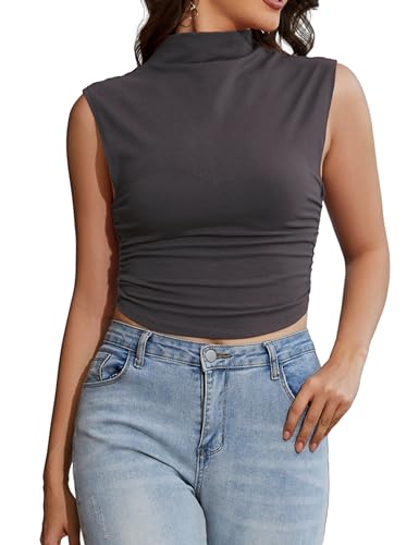 MISSACTIVER Damen-Tanktop mit Rollkragen, gerüscht, bauchfrei, hoher Kragen, ärmellos, schmale Passform, Basic, bauchfreies Cami-Shirt, GRAU, Klein von MISSACTIVER