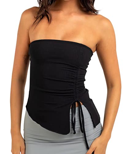 MISSACTIVER Damen Trägerloses ärmelloses Schlauchtop Mesh Doppelschicht geraffte Seite Asymmetrische Schnürung Bandeau Cami Tank Tops, Schwarz, Mittel von MISSACTIVER