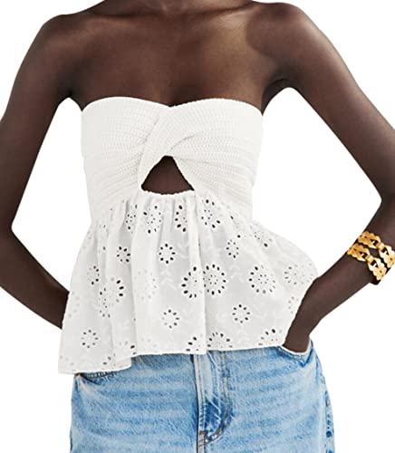 MISSACTIVER Damen Twist Knot Knit Bandeau Tube Top Stickerei trägerlos Schulterfrei Rückenfrei Hohl Crop Tank Korsett Top, Weiss/opulenter Garten, Mittel von MISSACTIVER