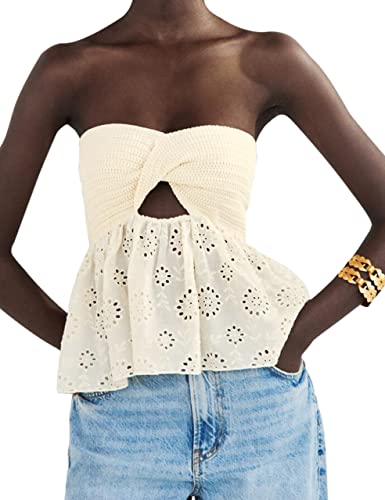 MISSACTIVER Damen Twist Knot Knit Bandeau Tube Top Stickerei trägerlos Schulterfrei Rückenfrei Hohl Crop Tank Korsett Top, aprikose, Groß von MISSACTIVER