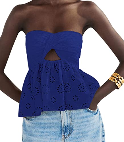 MISSACTIVER Damen Twist Knot Knit Bandeau Tube Top Stickerei trägerlos Schulterfrei Rückenfrei Hohl Crop Tank Korsett Top, dusty blue, X-Klein von MISSACTIVER