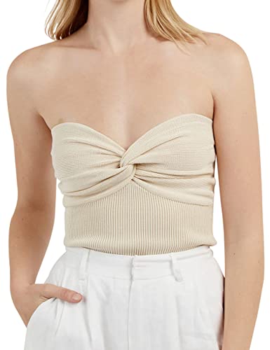 MISSACTIVER Damen Y2K Sexy Twist Front Strick Tube Top Trägerlos Solid Ruched Rippstrick Crop Top Tank Top, aprikose, Klein von MISSACTIVER