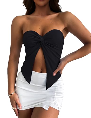 MISSACTIVER Damen Y2K Sexy Twist Front Tube Top Trägerlos Ärmellos Solid Cut-Out Midriff Crop Tops Tank Top, Schwarz, Mittel von MISSACTIVER