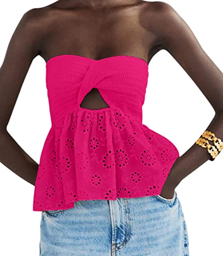 MISSACTIVER Damen Y2K Twist Knot Knit Bandeau Tube Top Stickerei Trägerlos Off Shoulder Rückenfrei Hollow Crop Tank Korsett Top, rosarot, Mittel von MISSACTIVER