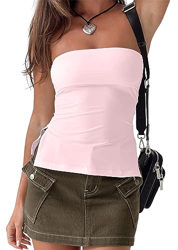 MISSACTIVER Damen Y2K trägerloses rückenfreies Schlauch-Top, sexy, schulterfrei, seitlich geteilt, Bandeau, Ausgehen, Tanktops, Pink, Mittel von MISSACTIVER