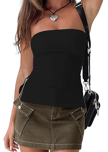 MISSACTIVER Damen Y2K trägerloses rückenfreies Schlauch-Top, sexy, schulterfrei, seitlich geteilt, Bandeau, Ausgehen, Tanktops, Schwarz, Klein von MISSACTIVER