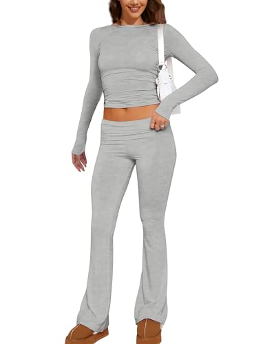 MISSACTIVER Damen Zweiteiliges Outfit Basic Langarm Crop Top und Low Rise Flare Pants Set Lounge 2 Stück Yoga Trainingsanzug, GRAU, M von MISSACTIVER