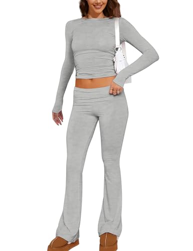 MISSACTIVER Damen Zweiteiliges Outfit Basic Langarm Crop Top und Low Rise Flare Pants Set Lounge 2 Stück Yoga Trainingsanzug, GRAU, S von MISSACTIVER