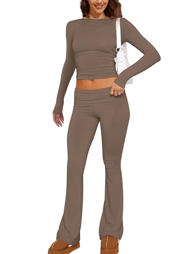 MISSACTIVER Damen Zweiteiliges Outfit Basic Langarm Crop Top und Low Rise Flare Pants Set Lounge 2 Stück Yoga Trainingsanzug, Kaffee, M von MISSACTIVER