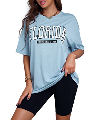 MISSACTIVER Florida Buchstaben-Grafikdruck, T-Shirt, Übergröße, kurzärmelig, Rundhalsausschnitt, überschnittene Schulter, lässiges T-Shirt Tops, blau, Groß von MISSACTIVER