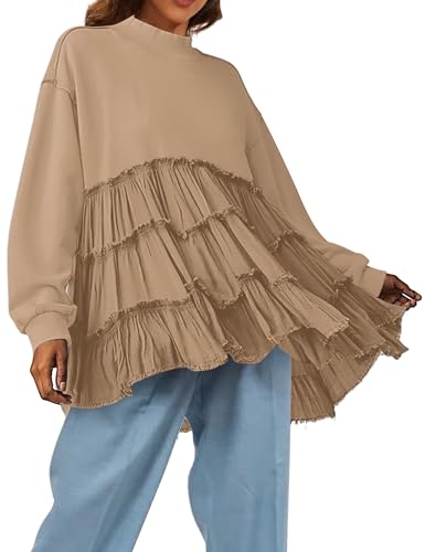 MISSACTIVER Frauen Oversized Pullover Sweatshirt Kleid Langarm Mock Neck Patchwork Rüschen Saum Flowy Sweatshirts Minikleid, Khaki, X-Groß von MISSACTIVER